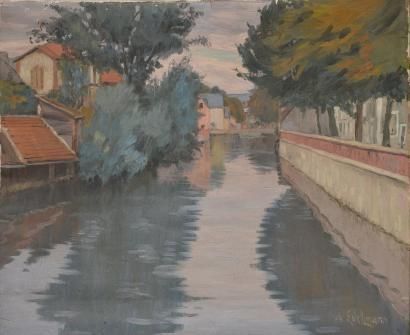 EDELMANN Auguste, 1879-1950 Rivière dans une ville Huile sur toile (accidents), signature...
