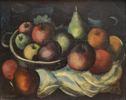 LAGAR Celso, 1891-1966 Nature morte aux pommes et poires Huile sur panneau (fente),...