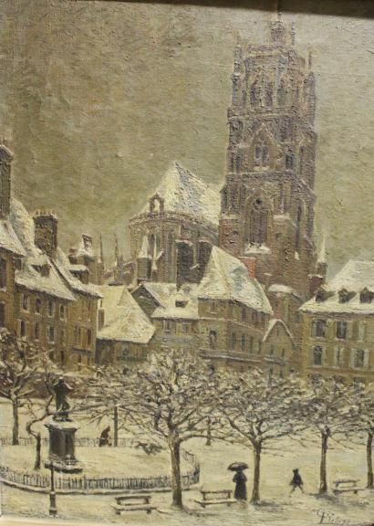 LIEBIZE C Cathédrale sous la neige Huile sur toile, signée en bas à droite, 73x5...