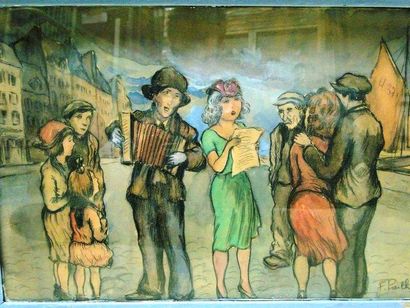 PAILHES Fred, 1902-1991 Chanteurs de rue Crayon,aquarelle et gouache, signé en bas...
