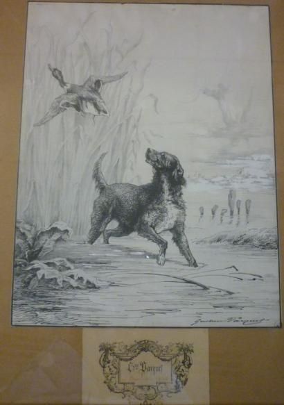 PARQUET Charles Gustave, 1826-? Chien à l'arrêt Dessin à l'encre sur fond de gravure,...