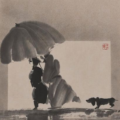 WONG WA Un temps de chien Encre de chine sur papier, 34 x 34 cm