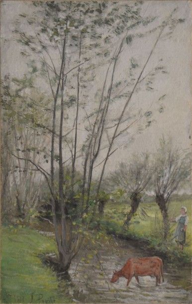 null PIETTE Ludovic, 1826-1877, 

Vachère au ruisseau, oct. 1871, 

gouache , signée...
