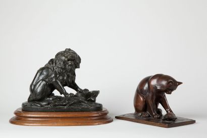 null HEIZLER Hippolyte, 1828-1871, 

Lion terrassant une biche, 

bronze à patine...