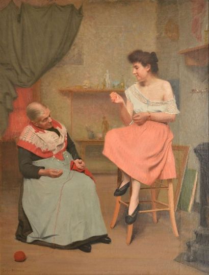 null MOREAUX Émile, XIXème siècle, 

Le modèle et sa mère, 

huile sur toile (traces...