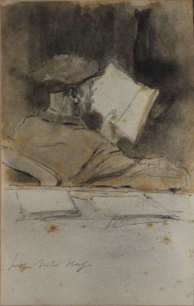 null HUGO Georges Victor, 1868-1925, 

Homme à la casquette lisant, 

aquarelle (insolation...