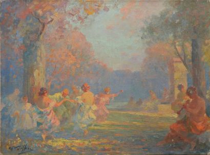 null GRIFFON Gabriel, 1866-1938, 

Fête dans un parc, 

huile sur toile (fines traces...