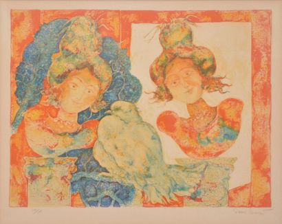 null BURMAN Sakti, né en 1935, 

Femmes à la colombe, 

lithographie en couleurs...