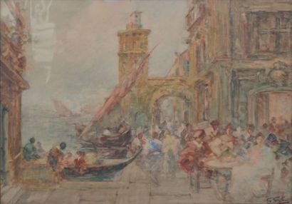null GRIFFON Gabriel, 1866-1938, 

Quai animé à Venise, 

peinture sur papier (insolation),...