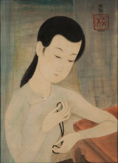  MAI THU, 1906-1980, 

Jeune femme au collier, 

aquarelle et encre noire sur soie,... Gazette Drouot