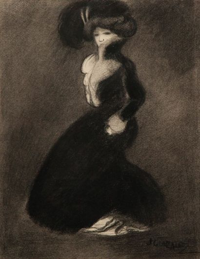 null GONZALEZ Joan, 1868-1908, 

La robe noire, 

dessin au fusain, en bas à droite...