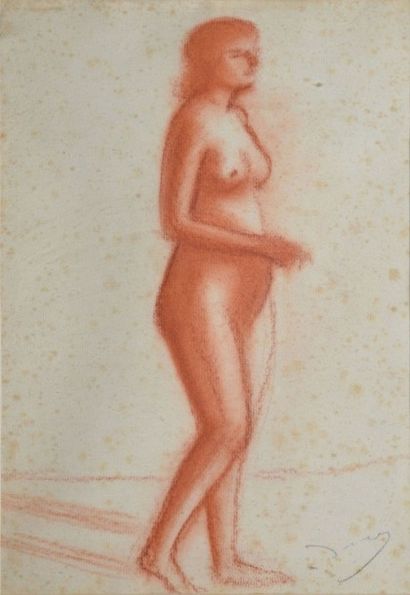 null DERAIN André, 1880-1954,

Nu debout de 3/4 face, 

dessin à la sanguine (rousseurs),...