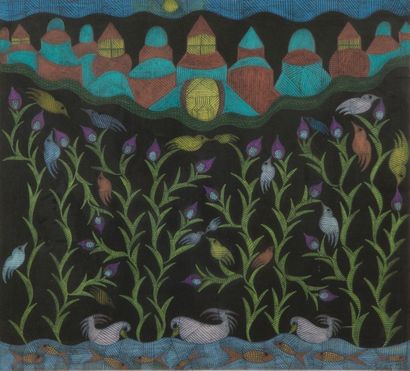 null SCOTTIE Wilson, 1888-1972, 

Village et faune aquatique, crayons gras sur fond...