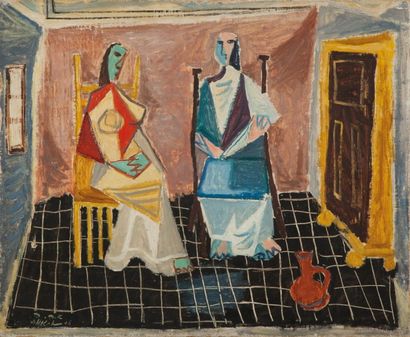 null KAHANA Aharon, 1905-1967, 

La visite, 1946, 

huile sur toile (accidents),...