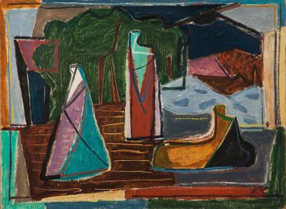 null KAHANA Aharon, 1905-1967, 

Trois figures dans un paysage, 1948, 

huile sur...