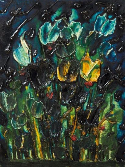 null TSINGOS Thanos, 1914-1965,

Fleurs, 1958, 

huile sur panneau, en haut à gauche...
