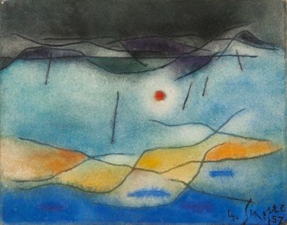 null SINGIER Gustave, 1909-1984, 

Horizon double à l'astre rouge, 1957, 

aquarelle...