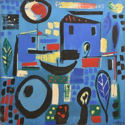 null HECQ Émile, né en 1924,

 Village bleu, 1956, 

peinture sur toile (petits manques),...