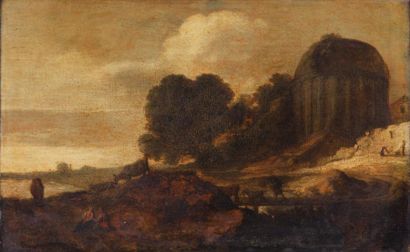 École HOLLANDAISE du XVIIe siècle Paysage à la rivière près d'un temple antique de...