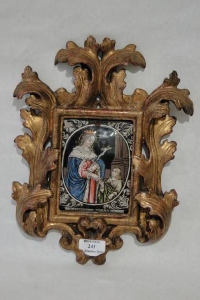 null Plaque en émail peint polychrome avec rehauts d'or représentant sainte Jeanne...