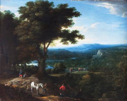 École Flamande du XVIIe siècle Paysage panoramique traversé par une rivière avec...