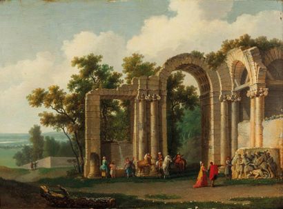 GENILLION Jean-Baptiste (1750-1829) (attribué à) Visiteur dans les ruines antiques...