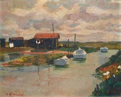 BERTHOMMÉ-SAINT-ANDRÉ Louis, 1905-1977 Barques et cabanne, huile sur toile (manques),...