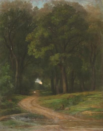 CABAT Louis, 1812-1893 Chemin en sous-bois. Huile sur toile (accidents), cachet de...