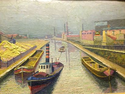 CHAMBON René, né en 1888 Canal aux usines, huile sur carton, signé en bas à droite,...