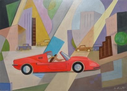 DE KRISTO Bela, 1920-2006 Ferrari dans la ville Peinture sur carton (traces de salissures),...