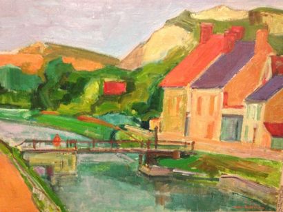 DELAVEAU Serge (1911-1999) "La passerelle à Bisseuil - Marne-" Huile sur toile. Signé...