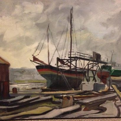 ÉHLINGER Christian, né en 1931 Chantier Naval à Camaret, Peinture sur toile, signée...