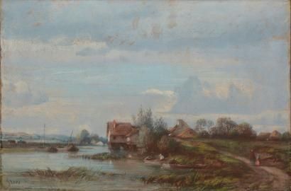 FLERS Camille, 1802-1868 Maisons et barques à la rivière Pastel (légers frottements...