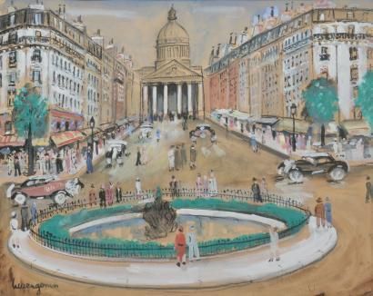 GÉNIN Lucien, 1894-1953 La rue Soufflot et le Panthéon Aquarelle gouachée (traces...
