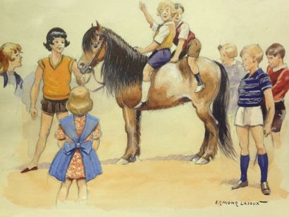 LAJOUX Edmond, XIXe-XXe Les enfants - Le poney Gouache et technique mixte, signées,...