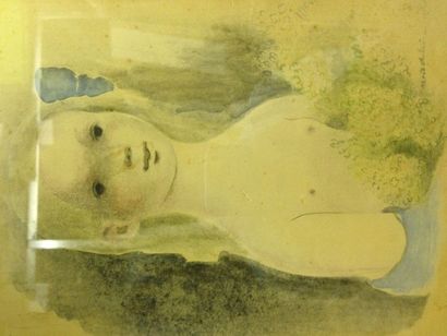 LUKA Madeleine, 1900-1989 Portrait de jeune fille Aquarelle sur fond de gravure (piqures),...
