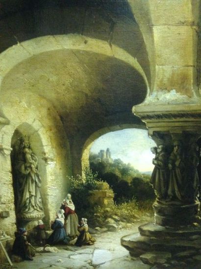 MAISON Gabriel, XIXe siècle La prière à la Vierge dans un cloître gothique Huile...
