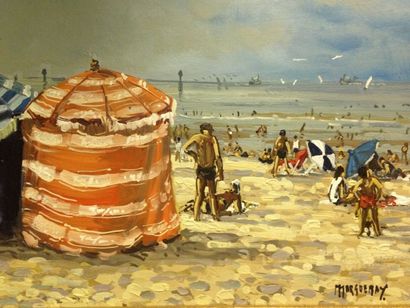 MARGUERAY Michel, 1938 Baigneurs sur la plage de Trouville, huile sur toile, signée...