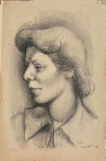 PRASSINOS Mario, 1916-1985 Femme de profil, 1942, dessin au fusain sur papier beige...