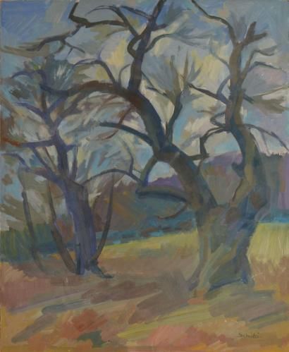 SCHIBI Joseph Lucien, 1908-1980 Les arbres, huile sur isorel (traces de griffes),...