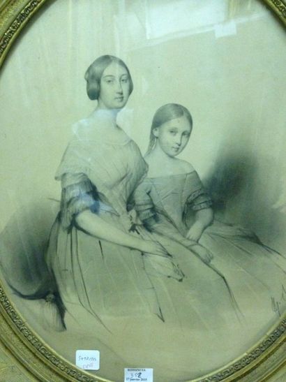 SENTIES Pierre, né en 1801 Portrait d'une femme et sa fille Crayon noir et estompe...