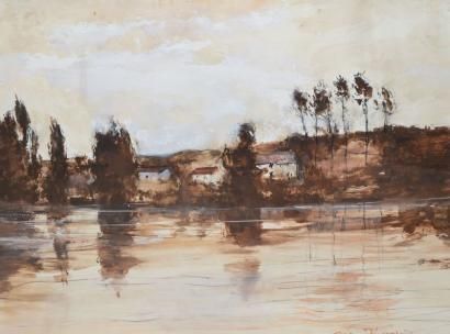 THEVENET Jacques, 1891-1989 Les maisons au bord de l'eau Gouache en camaïeu brun,...