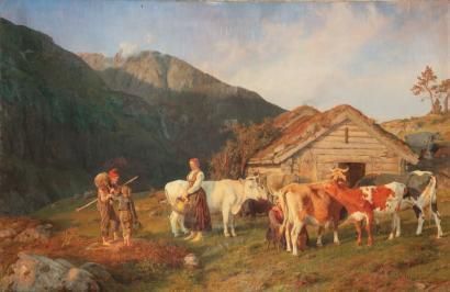 ASKEVOLD Anders, 1834-1900 Troupeau et bergers en alpage, 1861 Huile sur toile, signée...