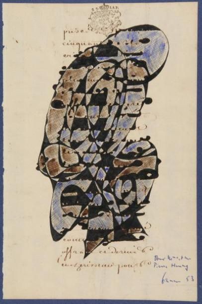 BAUER Victor, 1902-1959 Sans titre, 1953 Aquarelle sur papier ancien calligraphié...