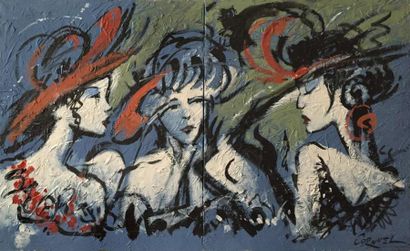 CORNUEL Pierre, né en 1952 Les parisiennes Huile et acrylique sur toile, signée en...