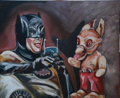 VEILLARD Jean-François, né en 1952 Batman et le Lapin Bip-Bip Huile sur toile, signée...