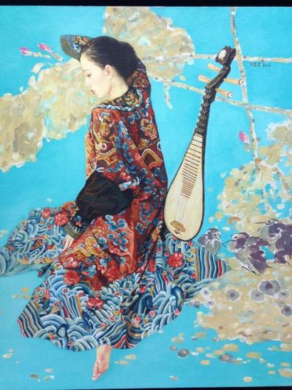 WANG Junvina, née en 1970 La musicienne, 2004 Peinture sur toile, signée et datée...