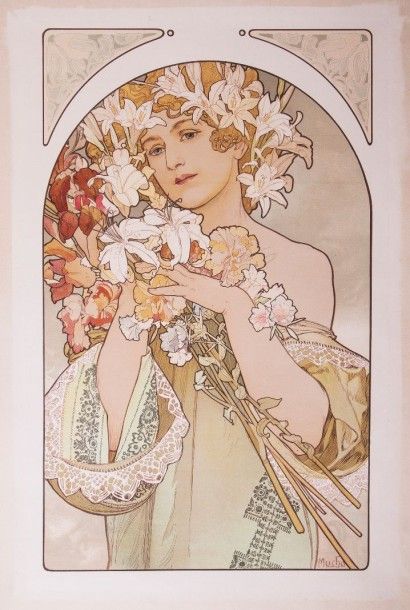 Alfons MUCHA 1897 Fleur (avec lys et Iris) l'un des 2 panneaux décoratifs (ref 44...
