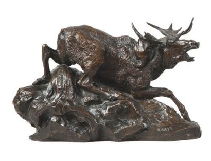 BARYE Antoine Louis, 1796-1875 Élan surpris par un lynx, 1841 groupe en bronze à...