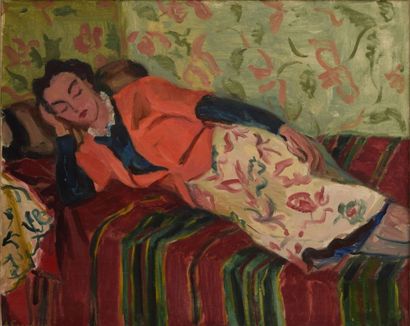 FERRANDIER Gisèle, née en 1909 Le repos huile sur toile (léger enfoncement), signée...